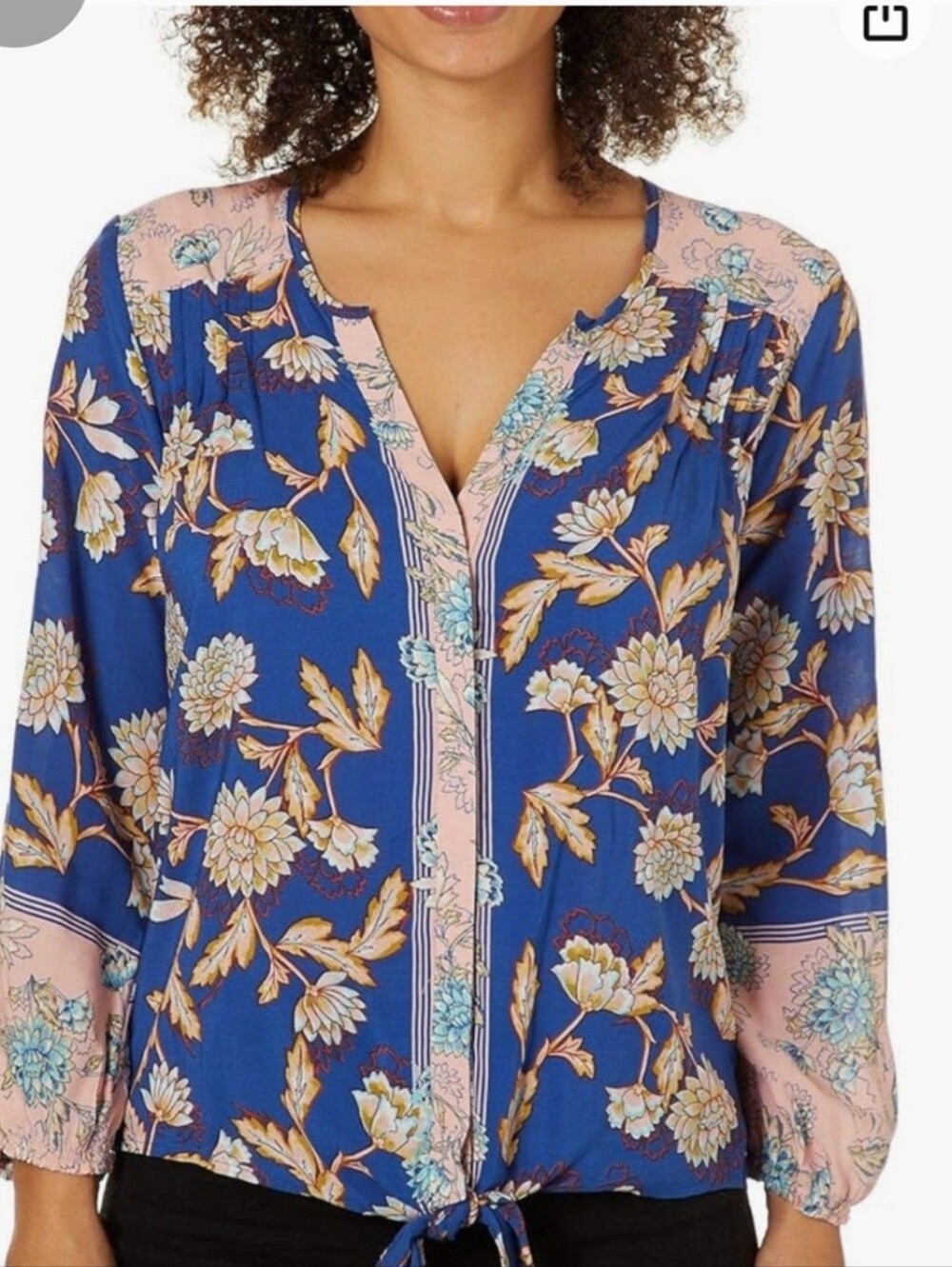Democracy Blue and Pink Floral Tie-Front Blouse Sz XL